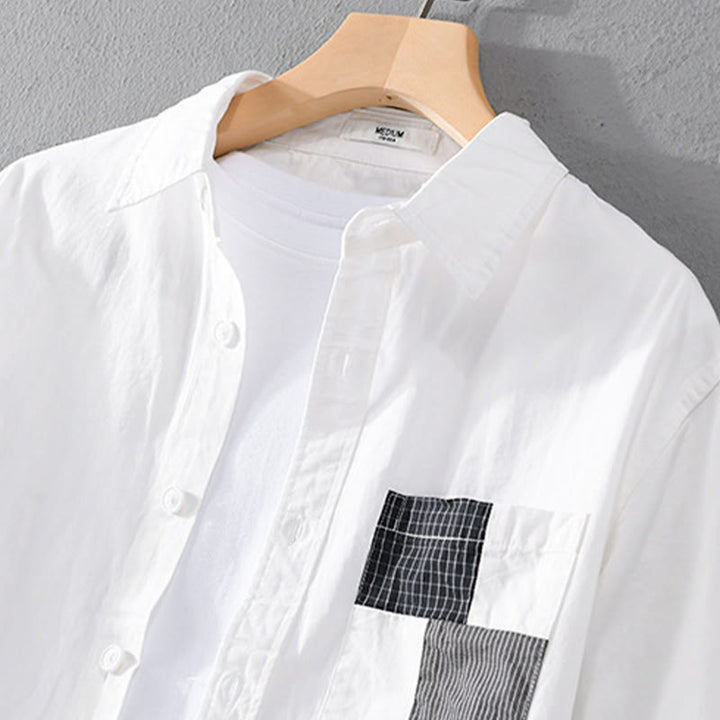 Chemise homme en coton à manches longues, col montant, manches courtes, Buddha Stones, blocs de couleurs automnaux, poches décoratives, boutons décoratifs. - image 10