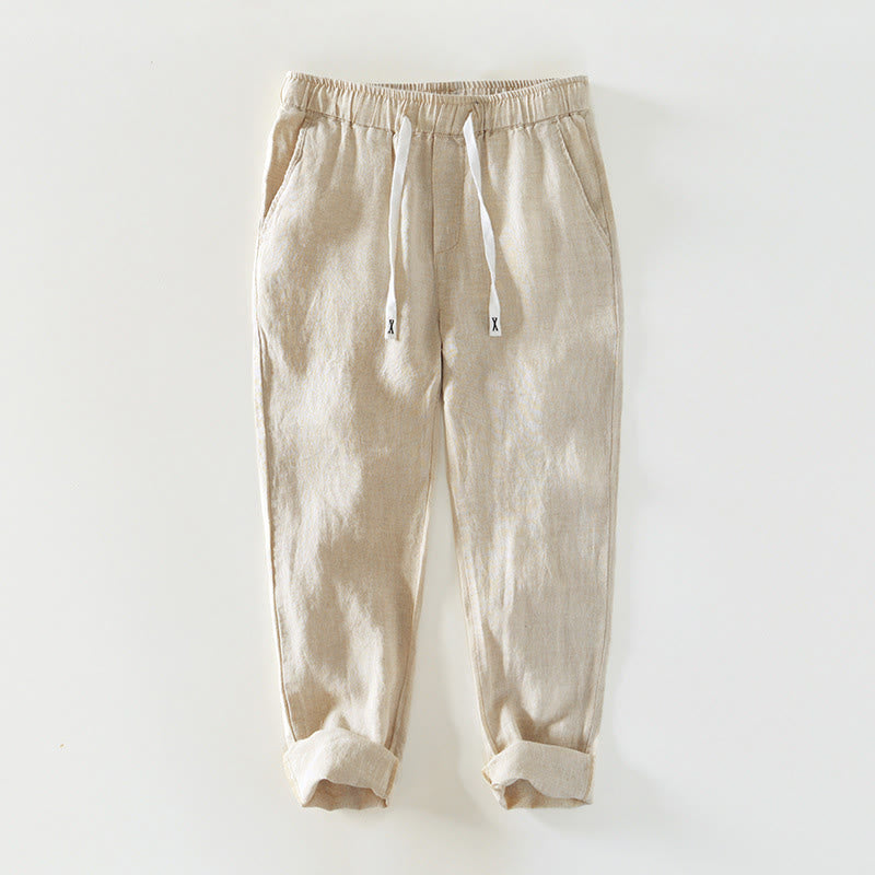 Pantalon en lin pour homme, longueur cheville, avec poches, taille élastique et cordon de serrage, motif Buddha Stones Fall - Beige - US/UK/AU44，EU54 (4XL) - image 0