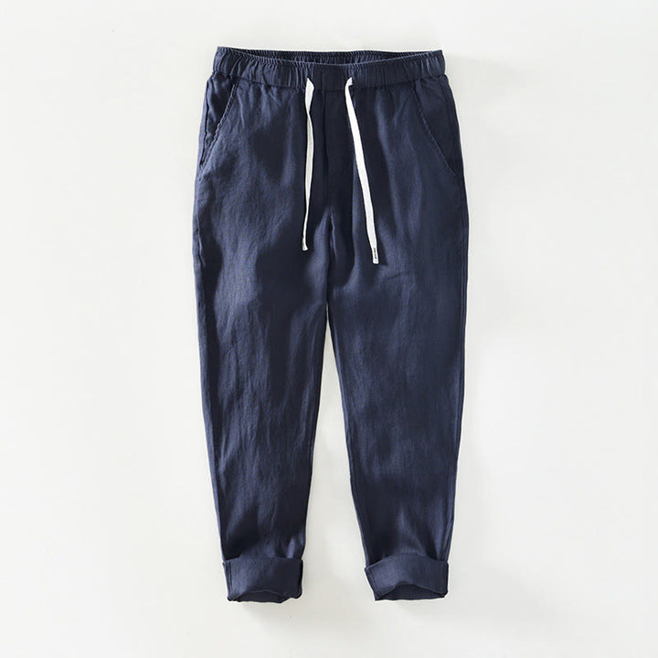Pantalon en lin pour homme, longueur cheville, avec poches, taille élastique et cordon de serrage, motif Buddha Stones Fall - Bleu nuit - US/UK/AU44，EU54 (4XL) - image 8