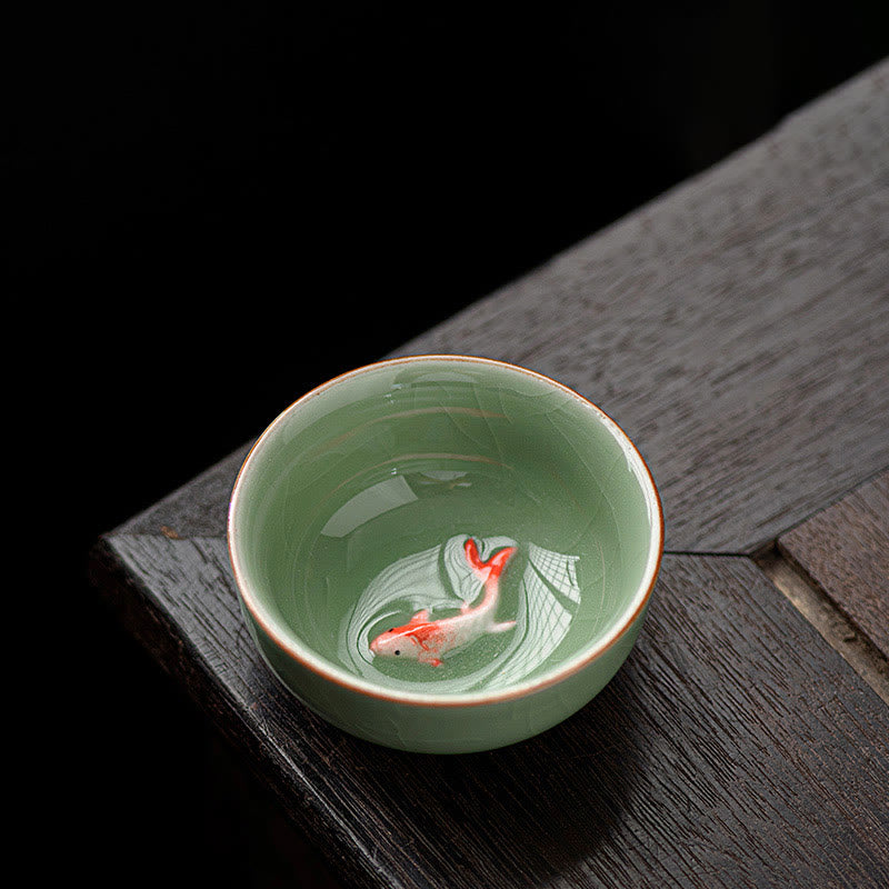 Tasse à thé en céramique de 50 ml, décorée de motifs de carpes koï et peinte à la main, inspirée des Buddha Stones et du kung-fu. - Vert prune 6,4 cm x 2,8 cm x 50 ml - image 3