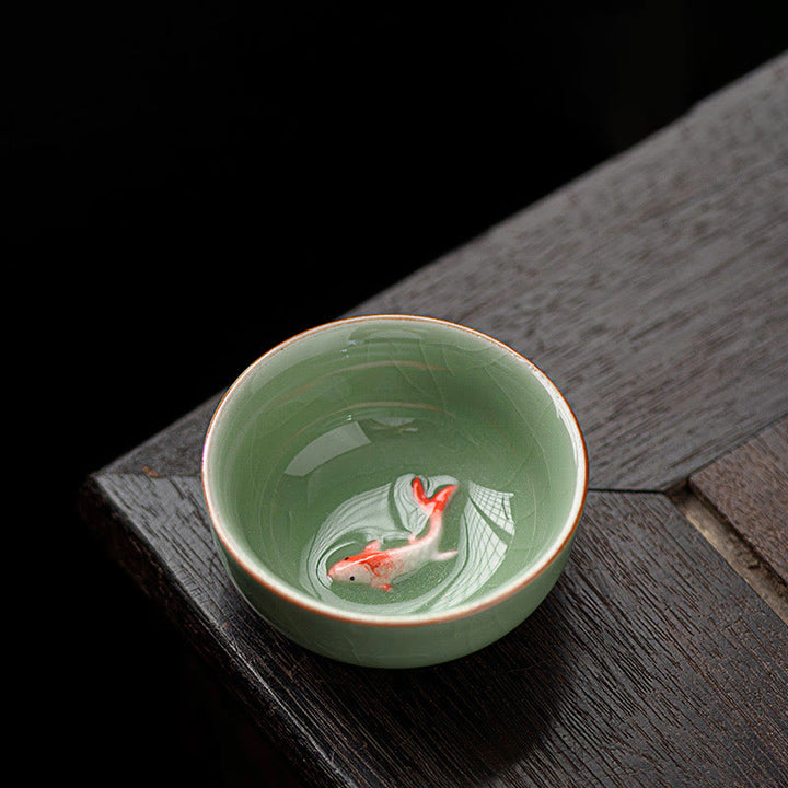 Tasse à thé en céramique de 50 ml, décorée de motifs de carpes koï et peinte à la main, inspirée des Buddha Stones et du kung-fu. - Vert prune 6,4 cm x 2,8 cm x 50 ml - image 3