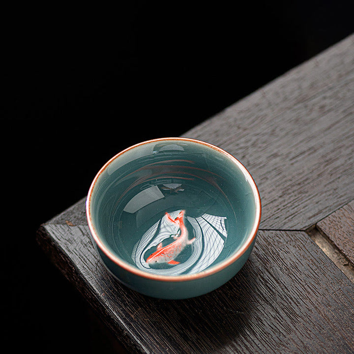 Tasse à thé en céramique de 50 ml, décorée de motifs de carpes koï et peinte à la main, inspirée des Buddha Stones et du kung-fu. - Bleu foncé 6,4 cm × 2,8 cm × 50 ml - image 0