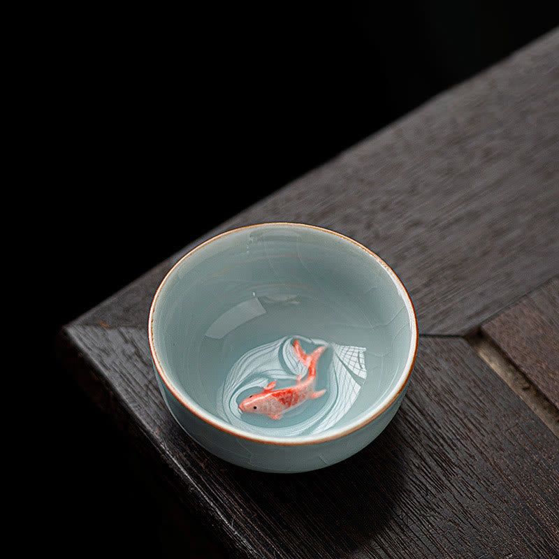 Tasse à thé en céramique de 50 ml, décorée de motifs de carpes koï et peinte à la main, inspirée des Buddha Stones et du kung-fu. - Bleu ciel 6,4 cm x 2,8 cm x 50 ml - image 4