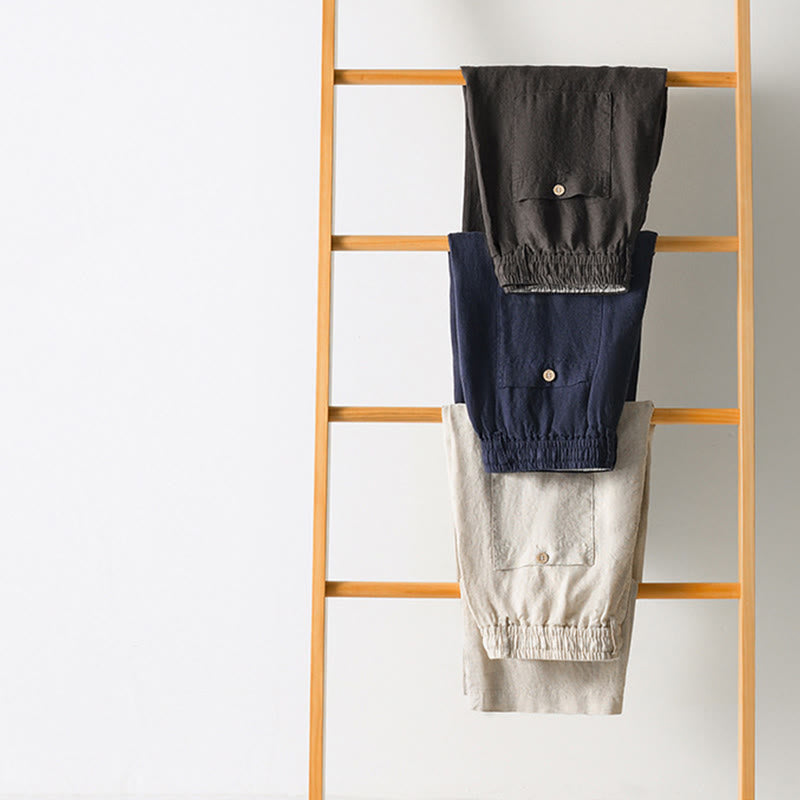 Pantalon droit en lin pour homme , Buddha Stones , taille élastique avec cordon de serrage et poches - image 16