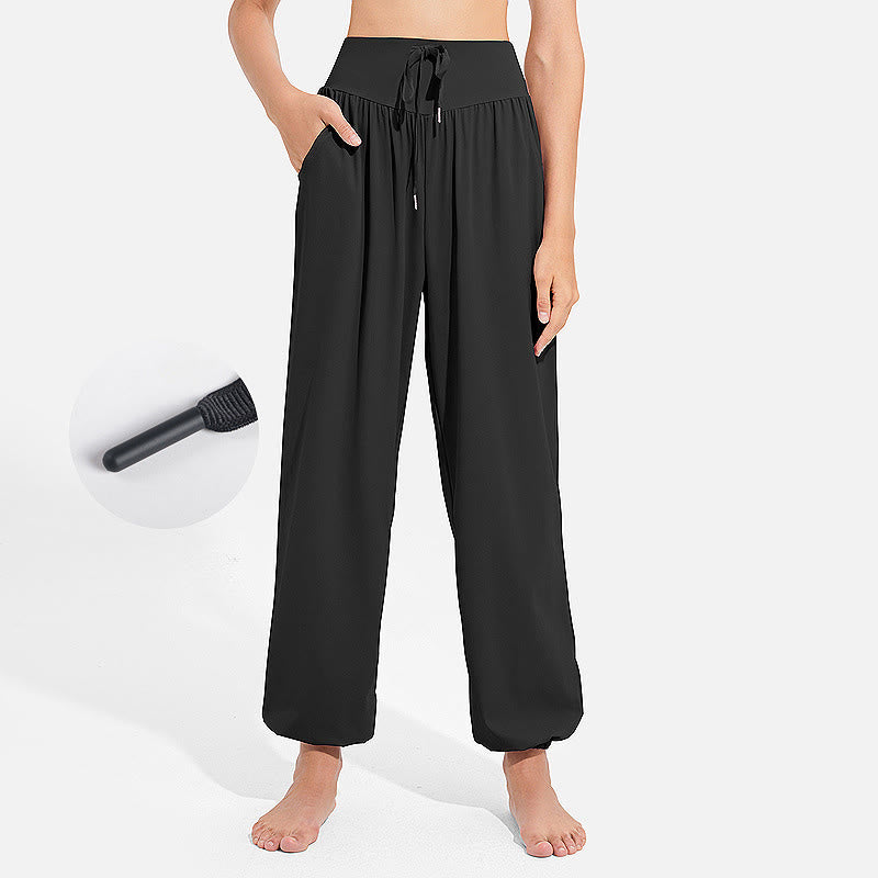 Pantalon harem femme Buddha Stones uni à taille élastique et cordon de serrage, avec poches, idéal pour le sport et le yoga. - Noir - US8-10，UK/AU12-14，EU40-42 (2XL) - image 4