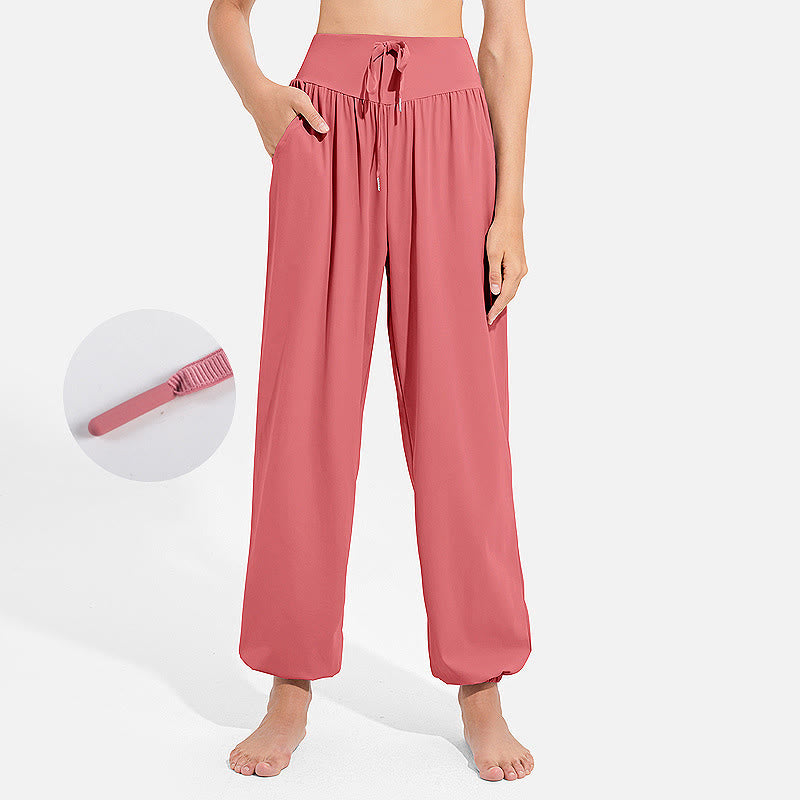 Pantalon harem femme Buddha Stones uni à taille élastique et cordon de serrage, avec poches, idéal pour le sport et le yoga. - Saumon - US8-10，UK/AU12-14，EU40-42 (2XL) - image 25