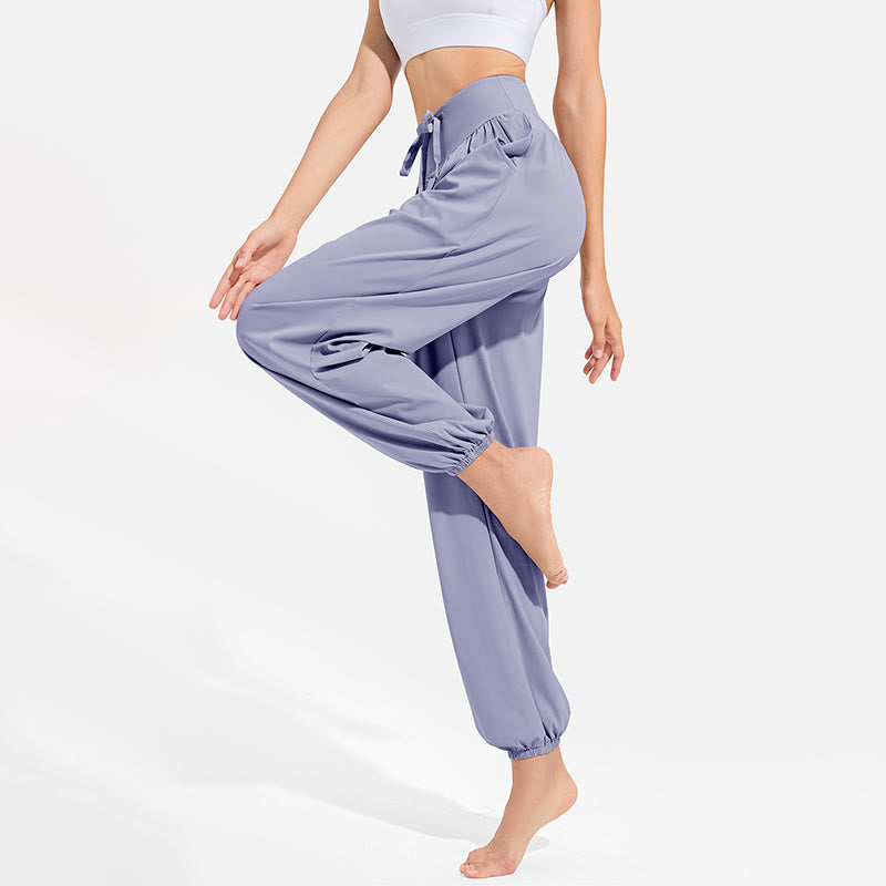 Pantalon harem femme Buddha Stones uni à taille élastique et cordon de serrage, avec poches, idéal pour le sport et le yoga. - image 2
