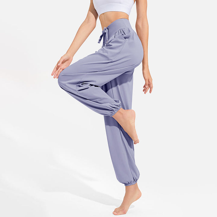 Pantalon harem femme Buddha Stones uni à taille élastique et cordon de serrage, avec poches, idéal pour le sport et le yoga. - image 2