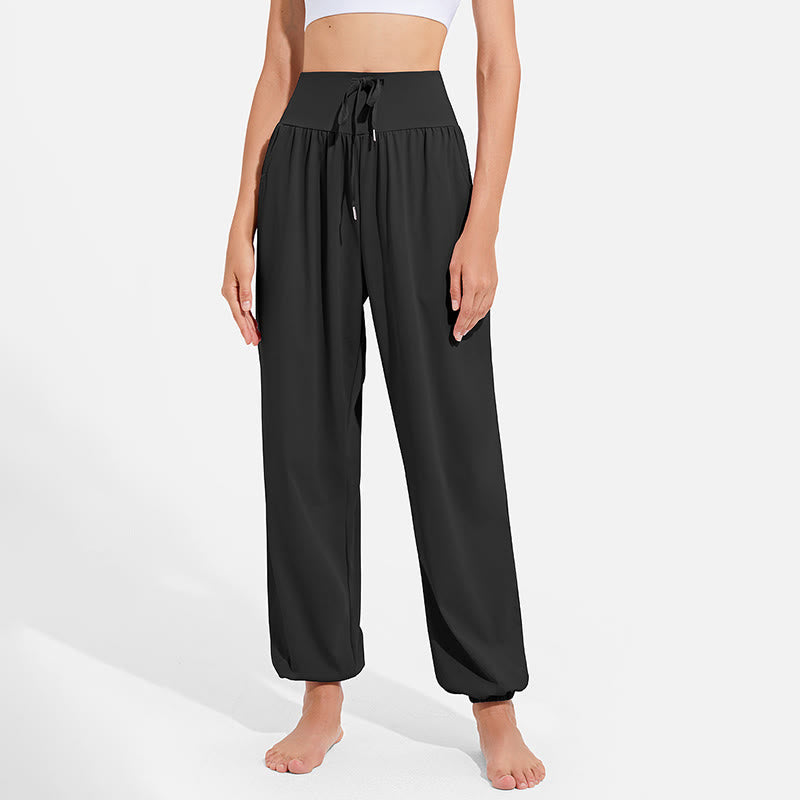 Pantalon harem femme Buddha Stones uni à taille élastique et cordon de serrage, avec poches, idéal pour le sport et le yoga. - image 5