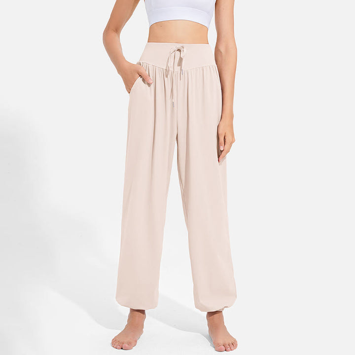 Pantalon harem femme Buddha Stones uni à taille élastique et cordon de serrage, avec poches, idéal pour le sport et le yoga. - image 9