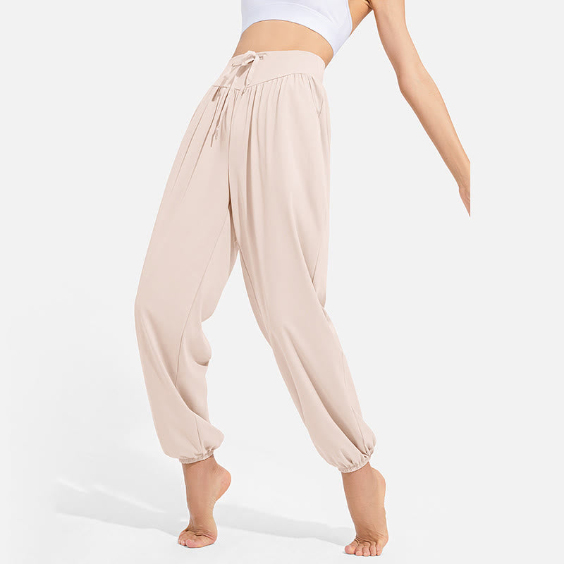 Pantalon harem femme Buddha Stones uni à taille élastique et cordon de serrage, avec poches, idéal pour le sport et le yoga. - image 11