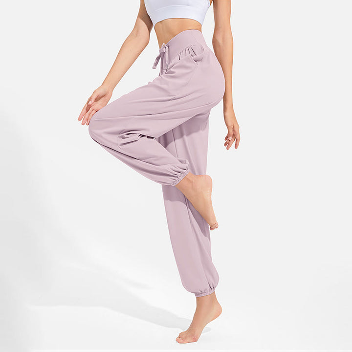 Pantalon harem femme Buddha Stones uni à taille élastique et cordon de serrage, avec poches, idéal pour le sport et le yoga. - image 15