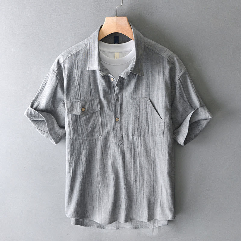 Chemise d'été pour homme en coton ramie à manches courtes et demi-boutonnée, motif plissé Buddha Stones - Gris - US/UK/AU44，EU54 (4XL) - image 11