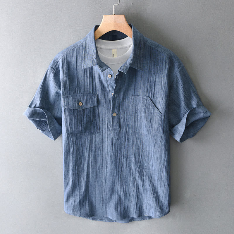 Chemise d'été pour homme en coton ramie à manches courtes et demi-boutonnée, motif plissé Buddha Stones - SteelBlue - US/UK/AU44，EU54 (4XL) - image 0