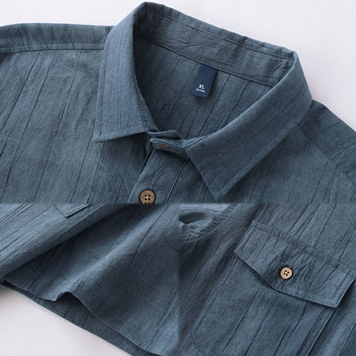 Chemise d'été pour homme en coton ramie à manches courtes et demi-boutonnée, motif plissé Buddha Stones - image 10