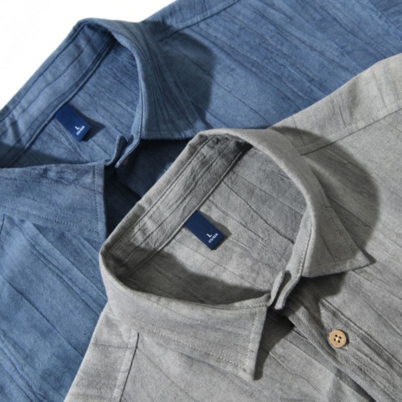 Chemise d'été pour homme en coton ramie à manches courtes et demi-boutonnée, motif plissé Buddha Stones - image 13