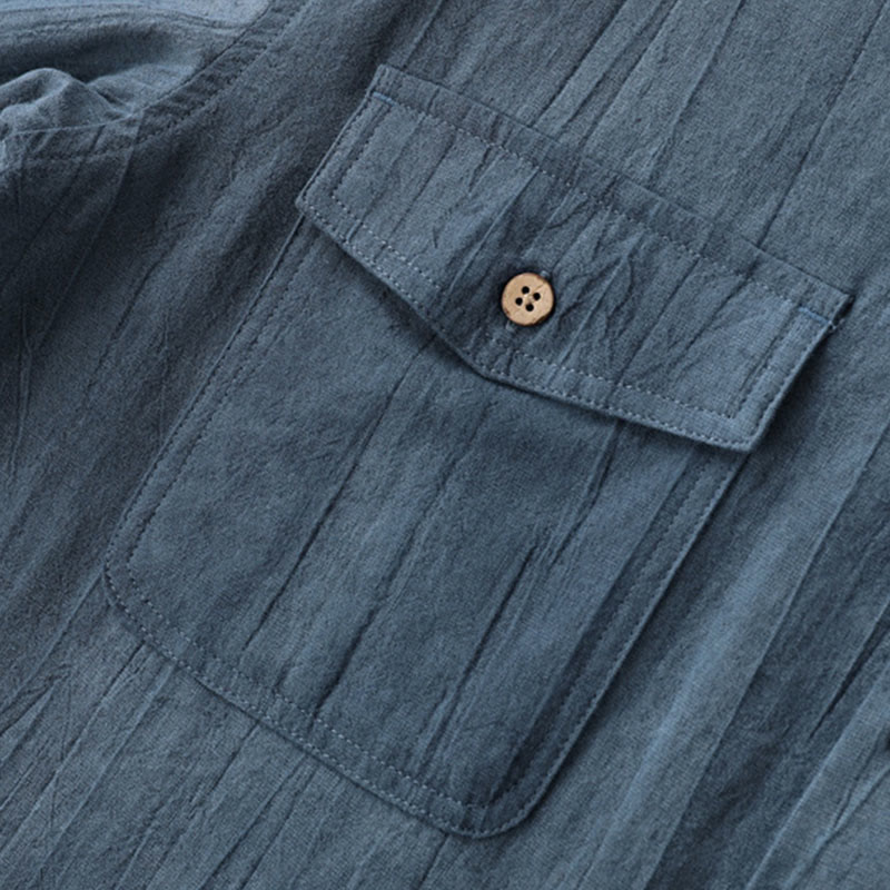 Chemise d'été pour homme en coton ramie à manches courtes et demi-boutonnée, motif plissé Buddha Stones - image 4