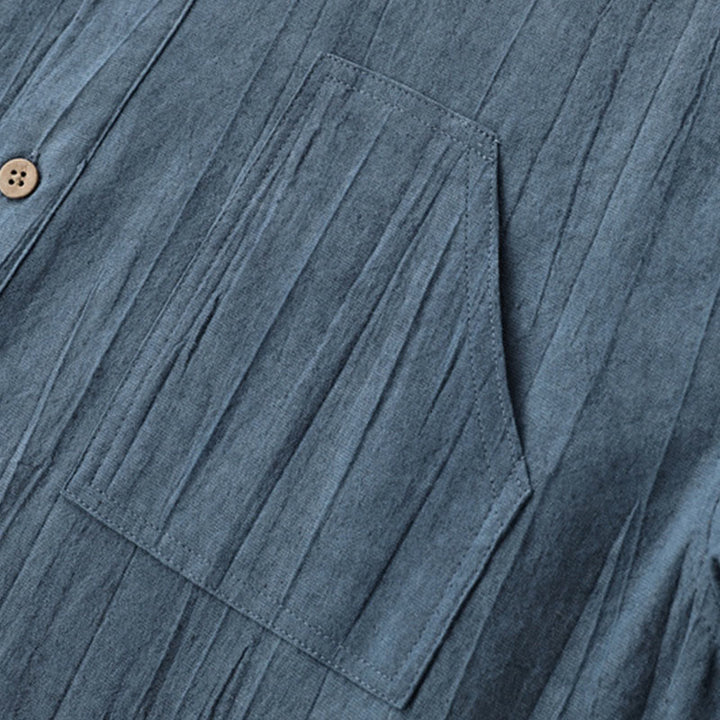 Chemise d'été pour homme en coton ramie à manches courtes et demi-boutonnée, motif plissé Buddha Stones - image 5