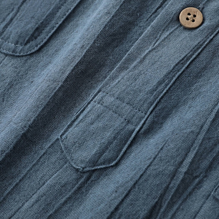 Chemise d'été pour homme en coton ramie à manches courtes et demi-boutonnée, motif plissé Buddha Stones - image 2