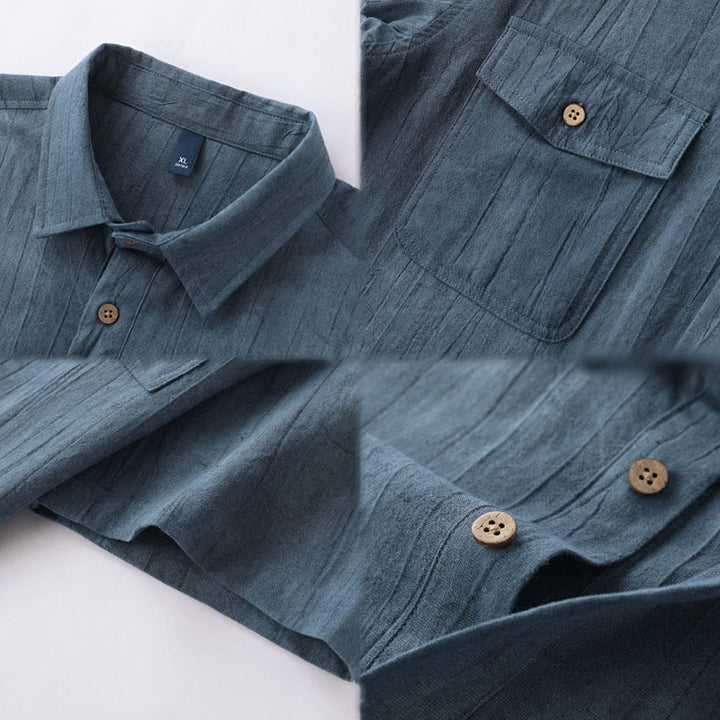 Chemise d'été pour homme en coton ramie à manches courtes et demi-boutonnée, motif plissé Buddha Stones - image 9