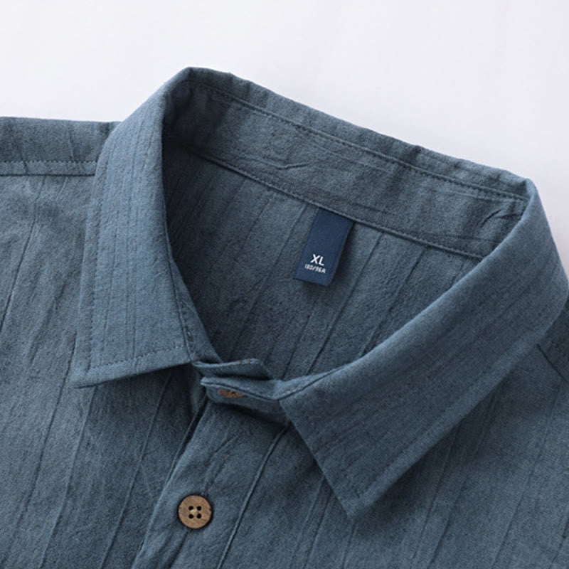 Chemise d'été pour homme en coton ramie à manches courtes et demi-boutonnée, motif plissé Buddha Stones - image 1