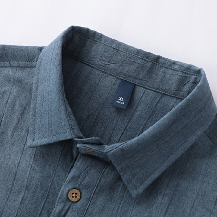 Chemise d'été pour homme en coton ramie à manches courtes et demi-boutonnée, motif plissé Buddha Stones - image 1