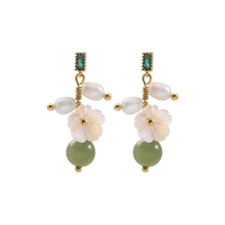 Boucles d'oreilles en Buddha Stones , jade Hetian, perle, fleur, symbole de prospérité et d'abondance - image 8