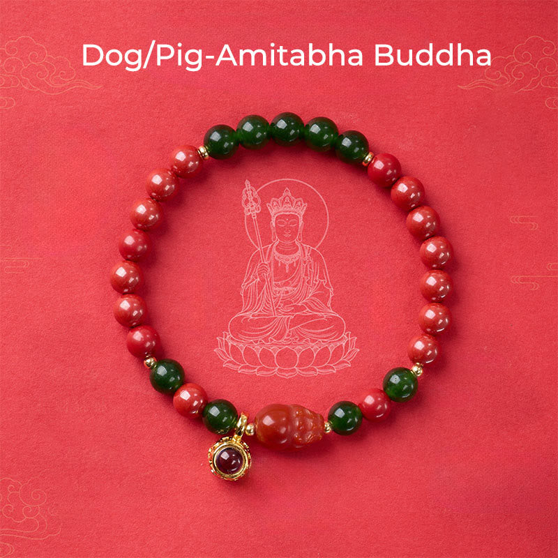 Buddha Stones Année du Cheval Micro-gravure Projection Le Zodiaque Chinois Bouddha Natal Bracelet de Bénédiction en Cinabre - Bouddha Chien/Cochon-Amitabha - image 20
