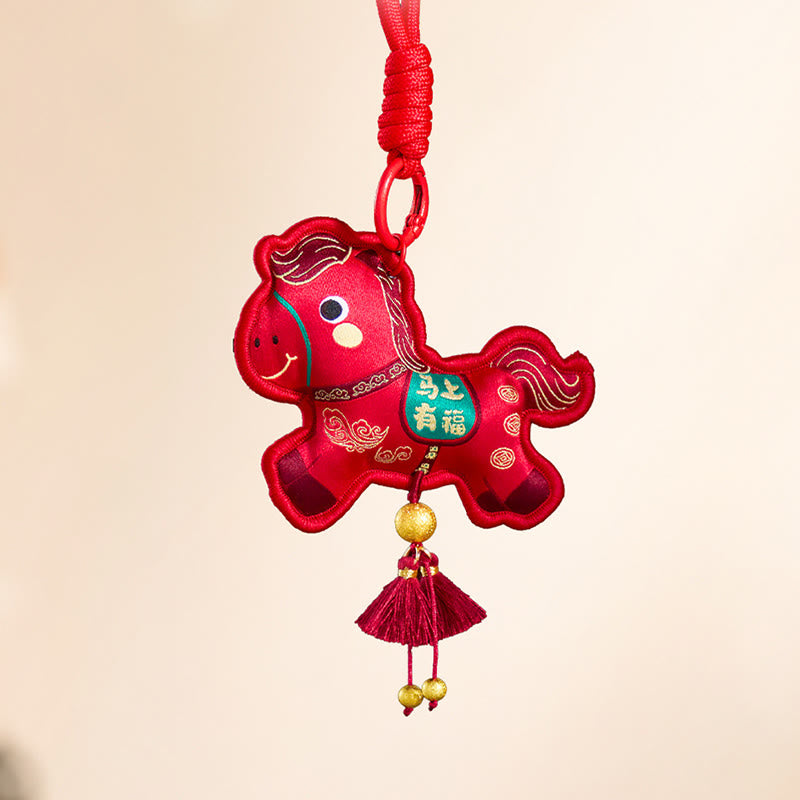 Buddha Stones Année du Cheval Porte-clés à pompon brodé de couleurs variées, symbole de prospérité - image 2