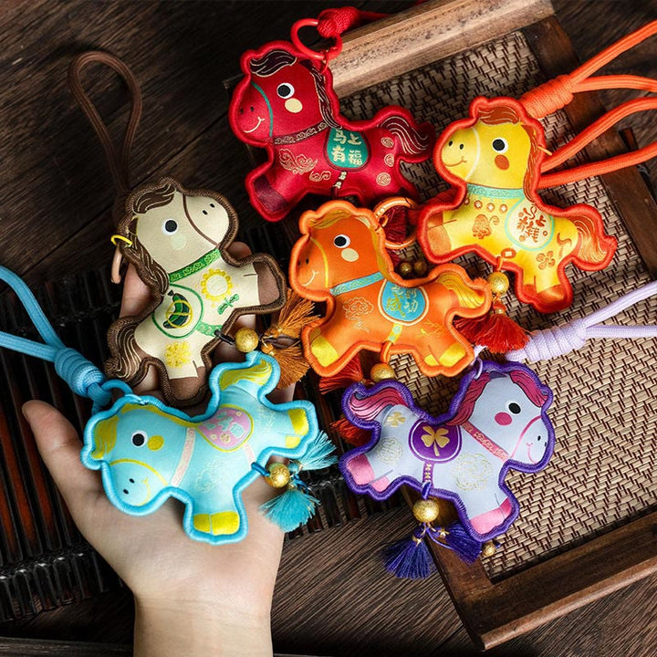 Buddha Stones Année du Cheval Porte-clés à pompon brodé de couleurs variées, symbole de prospérité - image 12