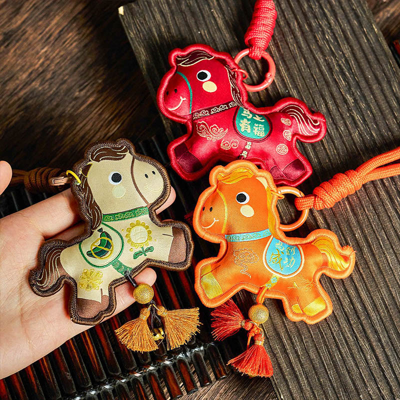 Buddha Stones Année du Cheval Porte-clés à pompon brodé de couleurs variées, symbole de prospérité - image 11