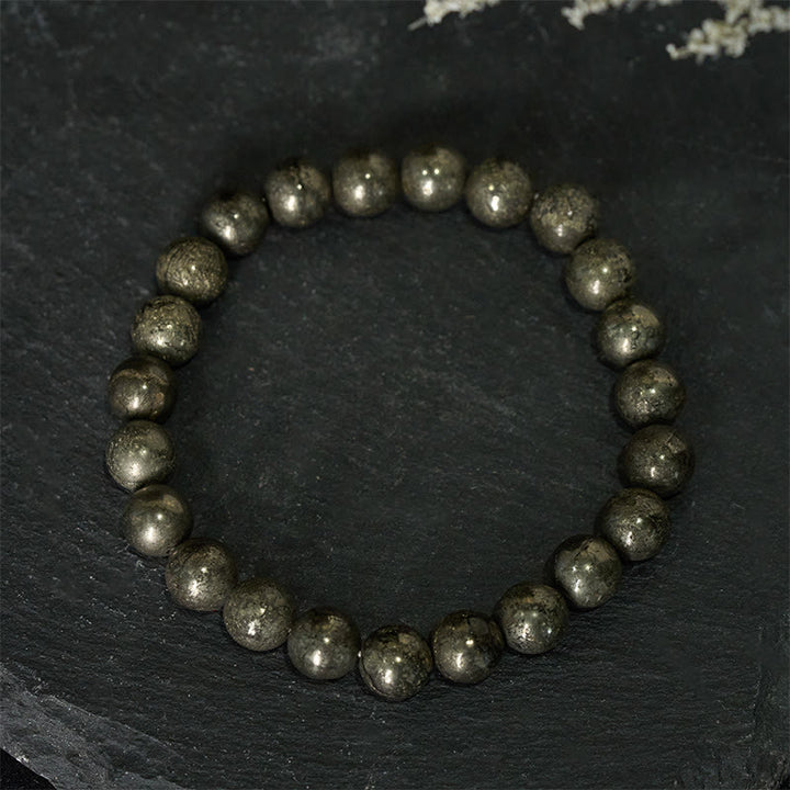 Bracelet de perles rondes en pyrite et Buddha Stones, symbole de confiance et d'abondance - Pyrite (Tour de poignet : 15-16 cm) - image 0