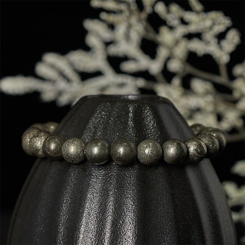 Bracelet de perles rondes en pyrite et Buddha Stones, symbole de confiance et d'abondance - image 2