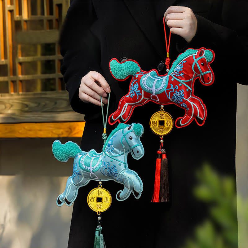 Buddha Stones, broderie Année du Cheval, pièces de cuivre, clochette, breloque, pompon, décoration suspendue, prospérité et succès - image 0