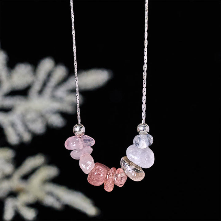 Collier pendentif en cristal rose, orbidine noire, quartz fumé, grenat, aigue-marine et quartz fraise, orné de Buddha Stones et symbole de force. - Quartz fraise - image 20