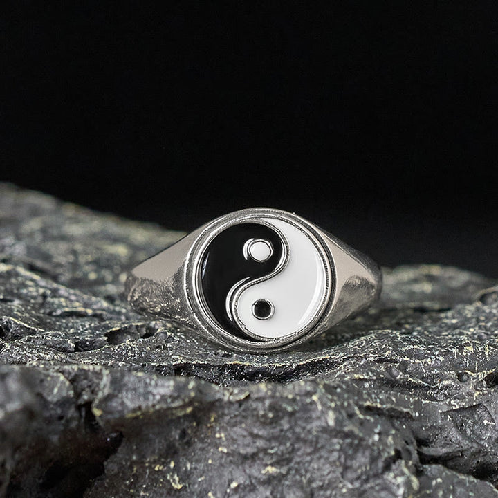 Bague porte-bonheur ajustable en cuivre Yin Yang et Buddha Stones - Bagua en cuivre noir (réglable) - image 0