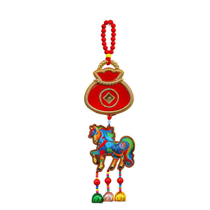 Buddha Stones, broderie Année du Cheval, sac à argent, calebasse, pièces de cuivre, clochette, porte-bonheur, décoration suspendue pour la réussite - image 3