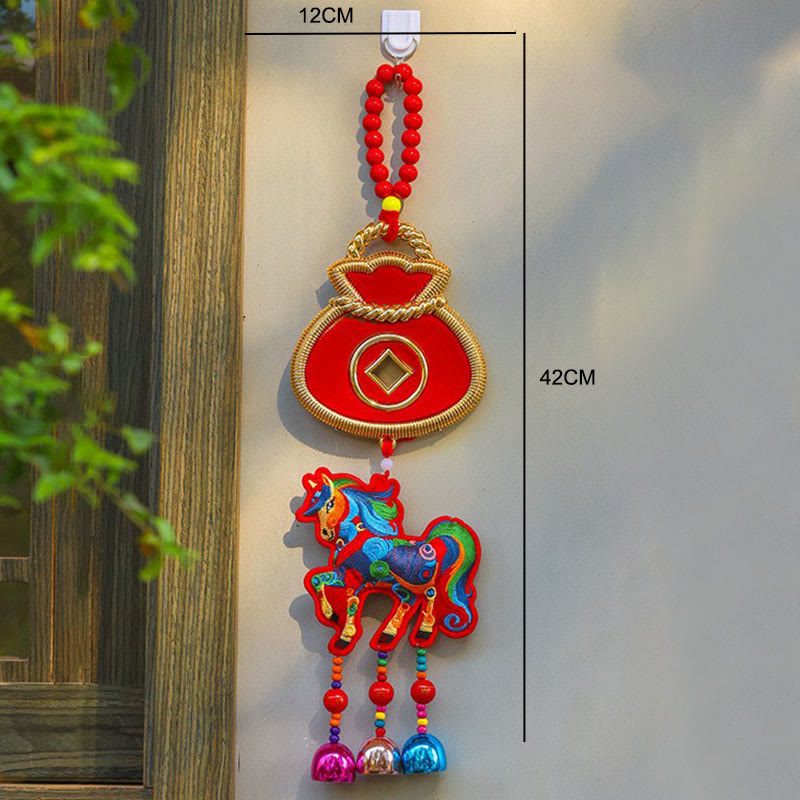 Buddha Stones, broderie Année du Cheval, sac à argent, calebasse, pièces de cuivre, clochette, porte-bonheur, décoration suspendue pour la réussite - image 10