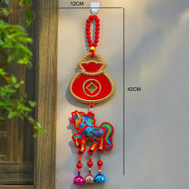 Buddha Stones, broderie Année du Cheval, sac à argent, calebasse, pièces de cuivre, clochette, porte-bonheur, décoration suspendue pour la réussite - image 10