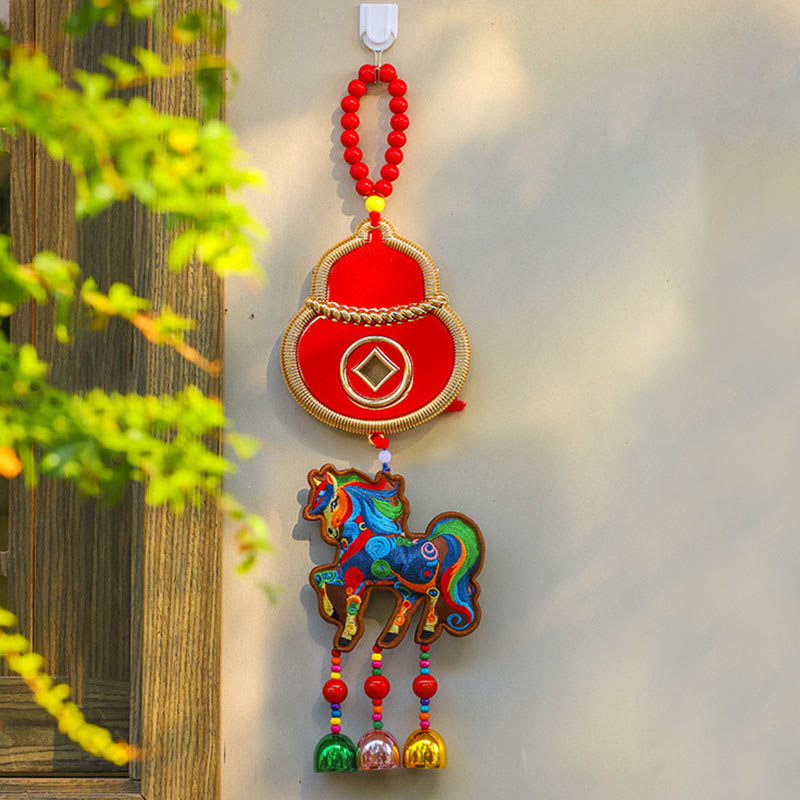Buddha Stones, broderie Année du Cheval, sac à argent, calebasse, pièces de cuivre, clochette, porte-bonheur, décoration suspendue pour la réussite - Cheval brun et courge (12*43cm) - image 5