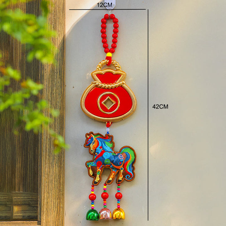Buddha Stones, broderie Année du Cheval, sac à argent, calebasse, pièces de cuivre, clochette, porte-bonheur, décoration suspendue pour la réussite - image 2