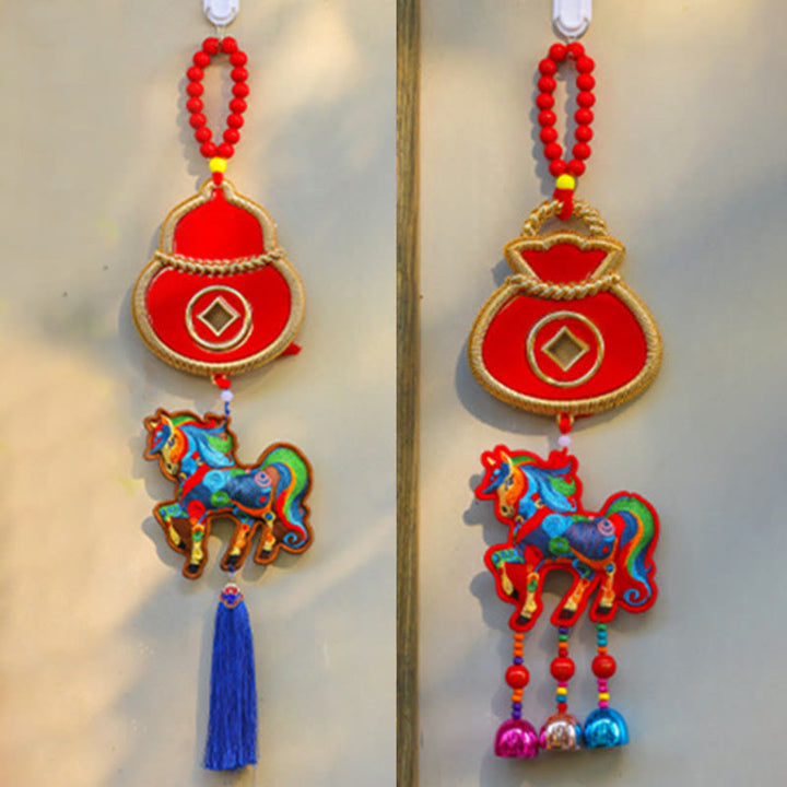 Buddha Stones, broderie Année du Cheval, sac à argent, calebasse, pièces de cuivre, clochette, porte-bonheur, décoration suspendue pour la réussite - image 15