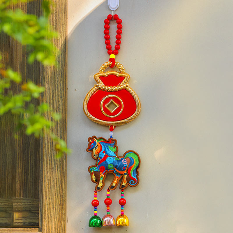 Buddha Stones, broderie Année du Cheval, sac à argent, calebasse, pièces de cuivre, clochette, porte-bonheur, décoration suspendue pour la réussite - Sac à argent et cheval marron (12*42cm) - image 1
