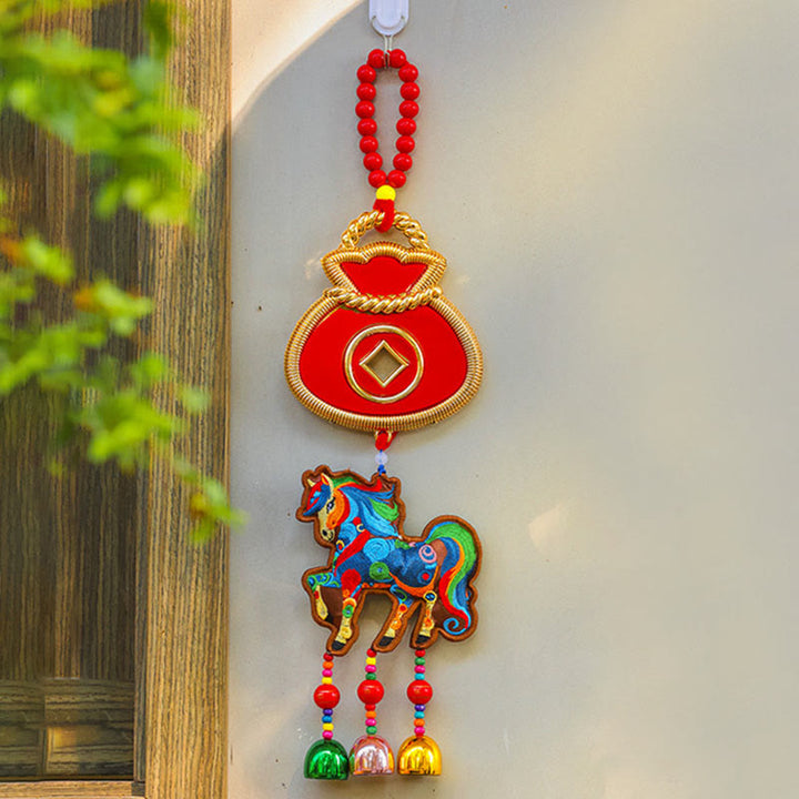 Buddha Stones, broderie Année du Cheval, sac à argent, calebasse, pièces de cuivre, clochette, porte-bonheur, décoration suspendue pour la réussite - Sac à argent et cheval marron (12*42cm) - image 1