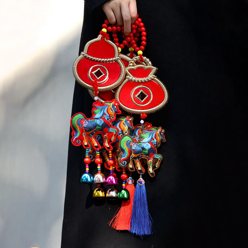 Buddha Stones, broderie Année du Cheval, sac à argent, calebasse, pièces de cuivre, clochette, porte-bonheur, décoration suspendue pour la réussite - image 18