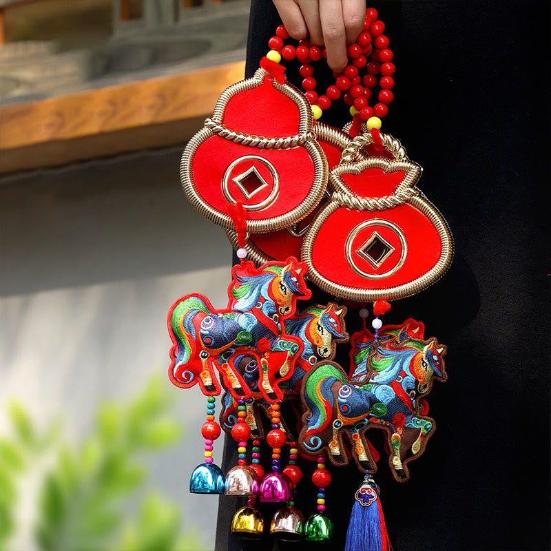Buddha Stones, broderie Année du Cheval, sac à argent, calebasse, pièces de cuivre, clochette, porte-bonheur, décoration suspendue pour la réussite - image 17