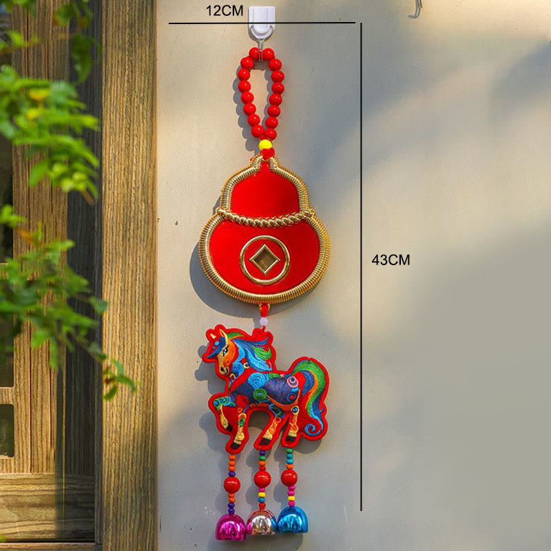 Buddha Stones, broderie Année du Cheval, sac à argent, calebasse, pièces de cuivre, clochette, porte-bonheur, décoration suspendue pour la réussite - image 12