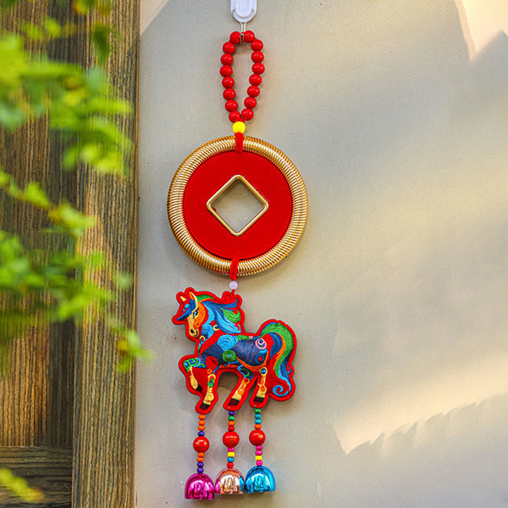 Buddha Stones, broderie Année du Cheval, sac à argent, calebasse, pièces de cuivre, clochette, porte-bonheur, décoration suspendue pour la réussite - Cheval rouge et pièces de cuivre (12*42cm) - image 13