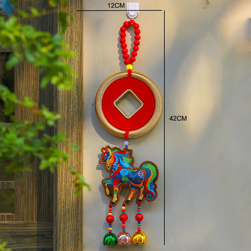 Buddha Stones, broderie Année du Cheval, sac à argent, calebasse, pièces de cuivre, clochette, porte-bonheur, décoration suspendue pour la réussite - image 8
