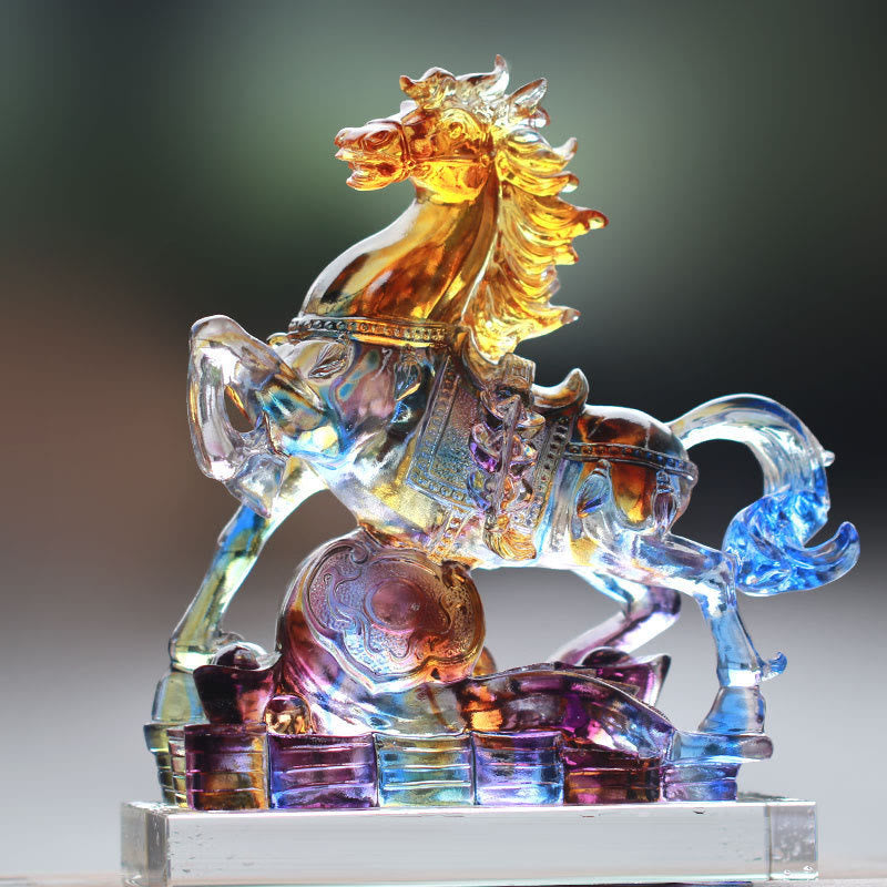 Buddha Stones Année du Cheval Ruyi Cheval sculpté Liuli Cristal Art Art Prospérité Décoration Maison Bureau - Cheval (avec socle en cristal) 21 x 8,5 x 22 cm - image 4